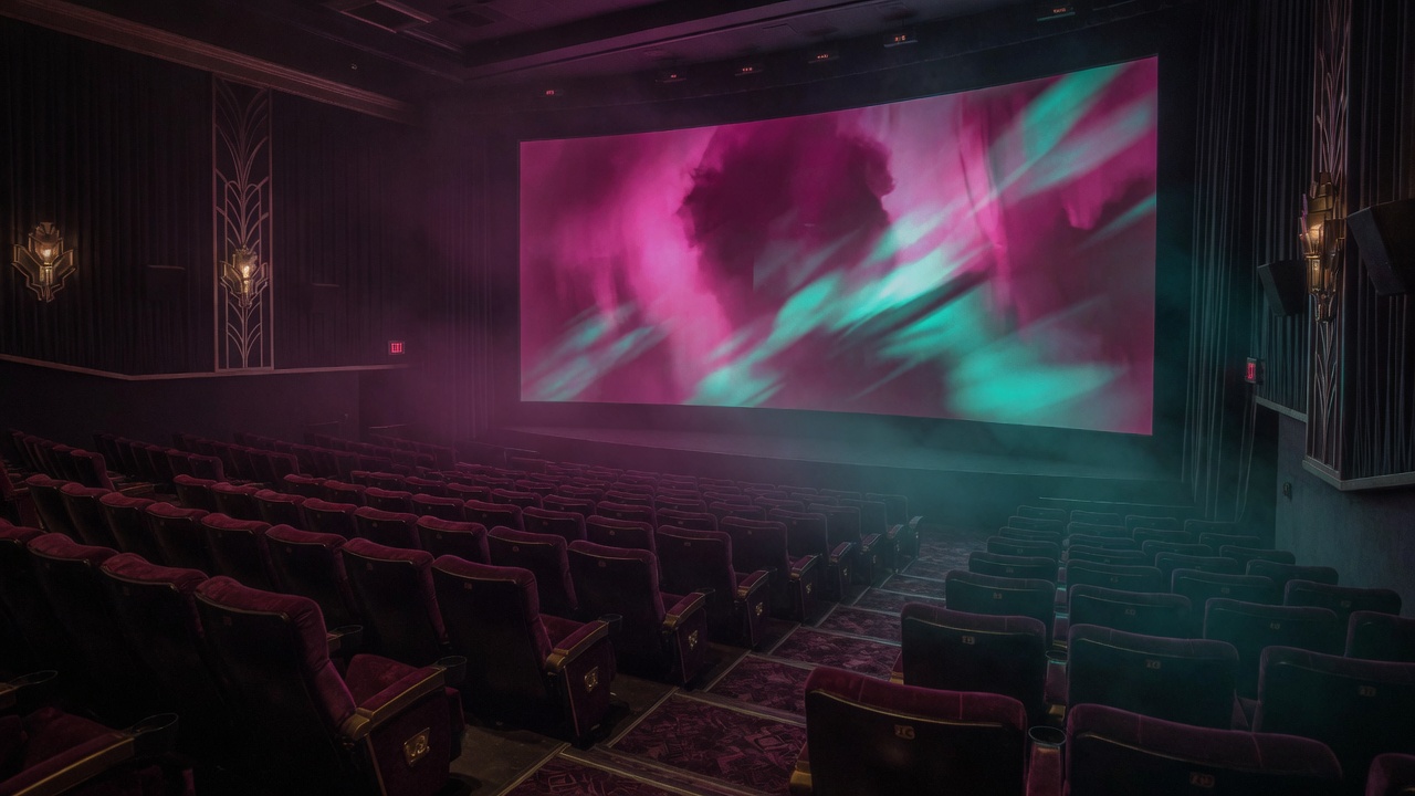 Sala de cinema escura com tela em neon rosa e ciano