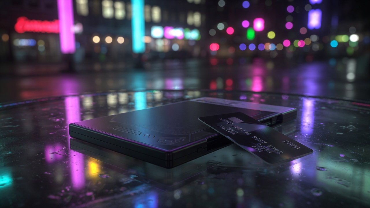 Caixa de jogo e cartão sobre mesa de vidro com neon da cidade