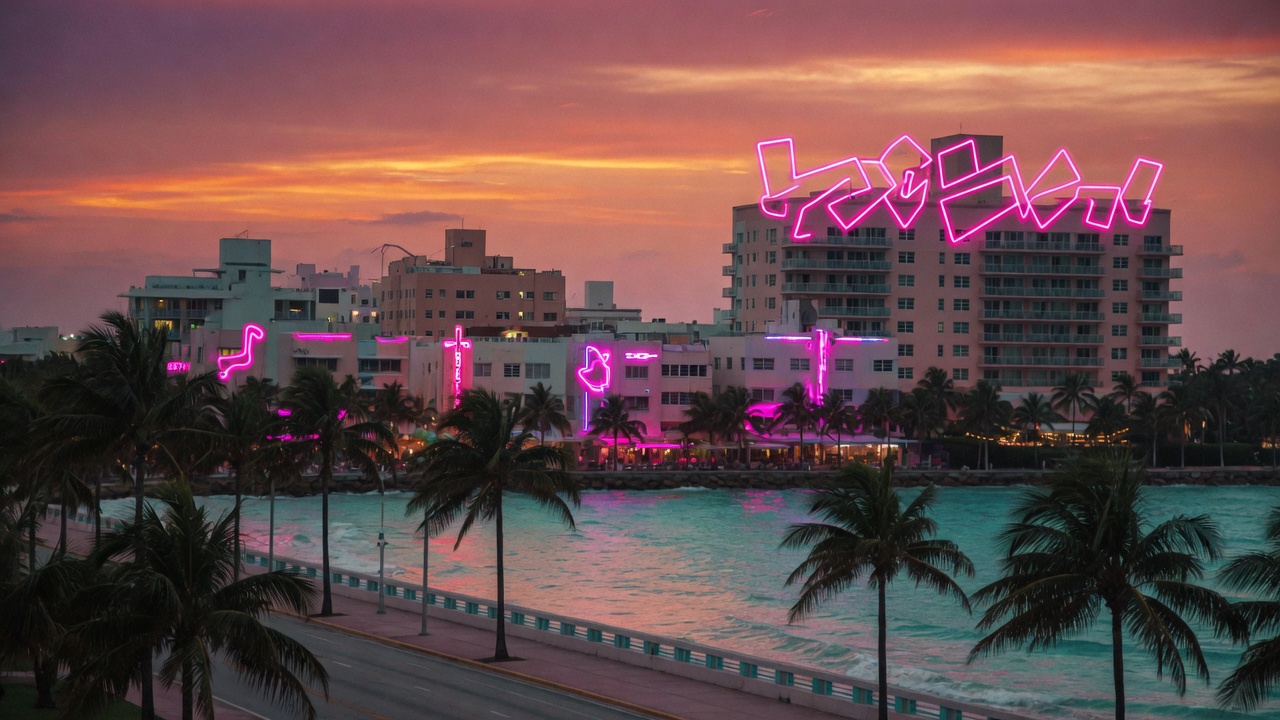 Hotéis à beira-mar ao pôr do sol com palmeiras e neon