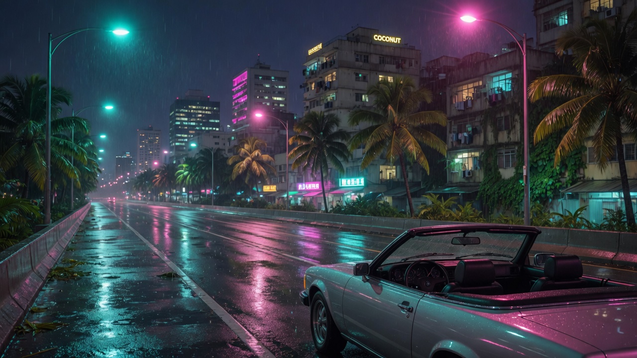 Rodovia molhada à noite numa cidade tropical com neon